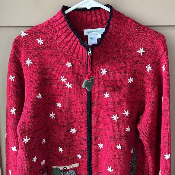 Vtg Coldwater Creek Cotton Ramie Zip Up Winter Themed Cardigan Red Novelty - Picture 8 of 13